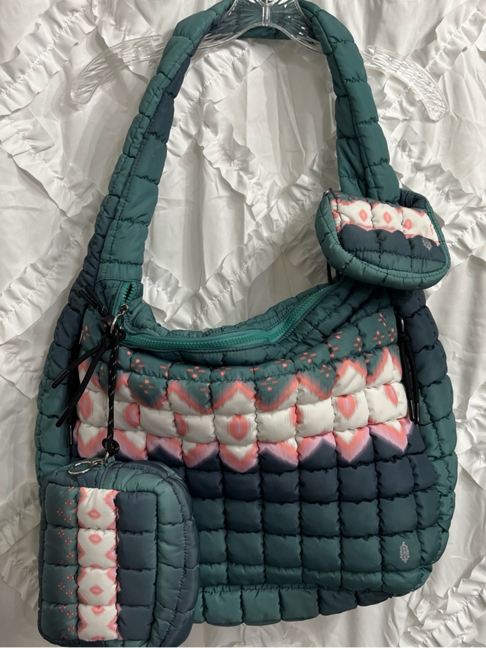 FP Movement Quilted Printed Carryall Bag, Mini Case & Pouch in Green Glow NWOT